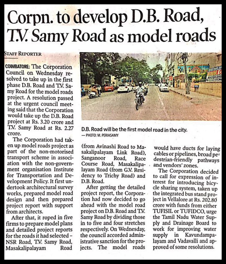 Coimbatore Corporation sanctioned Rs. 5.5 crores for construction of 2 Model Roads